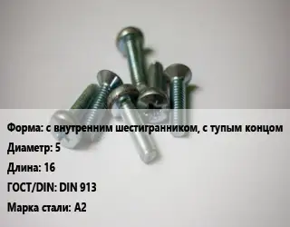 Винт с внутренним шестигранником, с тупым концом 5х16 DIN 913 Сталь: А2